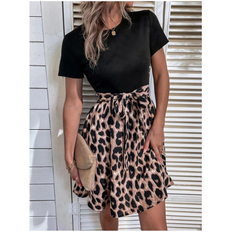 New Fashion Leopard Print Splicing Short Sleeved Dress Elegant O Neck Slim Fit A-line Party Short Dresses Lace-up Elegant Loose Streetwear Clothing