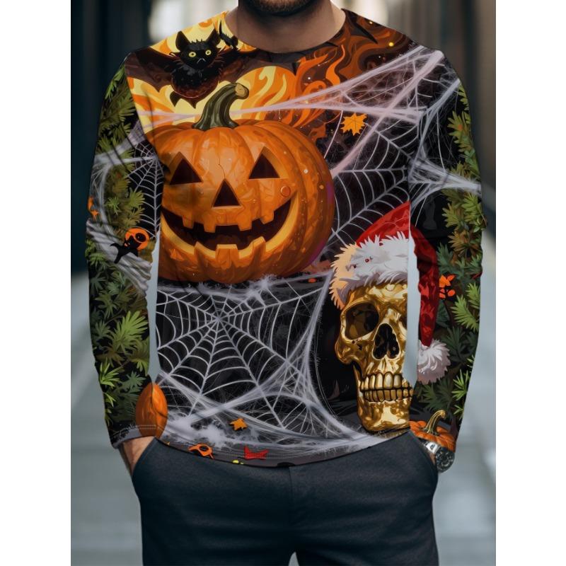 Men Long Sleeve T‑Shirt Halloween Pumpkin Scarecrow Graveyard Bat Moon Print Crew Neck Horror Holiday Tops