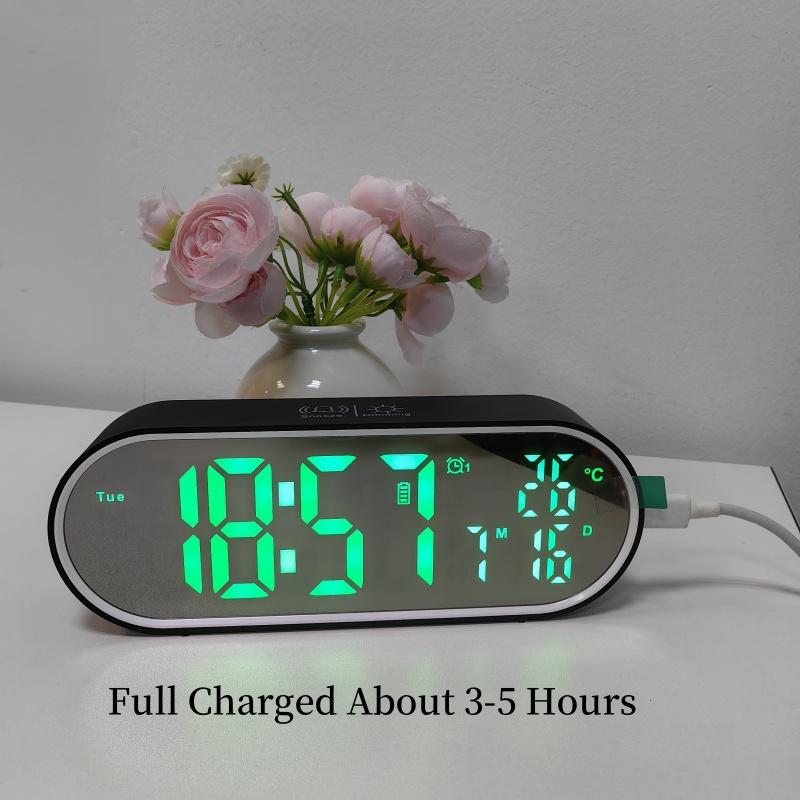 1PC Rechargeable Digital Alarm Clock Date Week 2 Alarms Night Mode Snooze 12/24H Anti-disturb Voice Control LED Mirror Clock