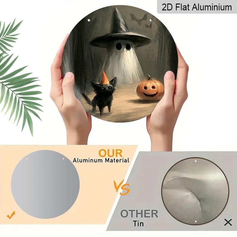 2D Flat, 1pc Decorative Plaques and Ornaments Sign, Round Distressed Aluminum Halloween Witch Hat Ghost Black Cat Hanging Plaque, Pumpkin Bat