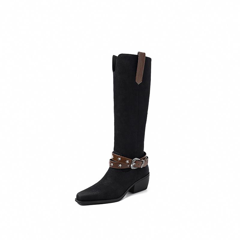 Metal Belt Buckle Tall Western Boots Retro Color Matching Thick Heel High Heel Cowboy Boots Knight Boots Long Boots