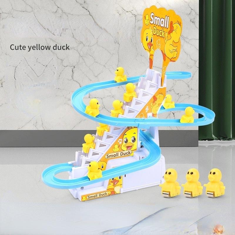 Children Toy Duck Diy Rail Racing Track Small Duck Climbing Stairs Toy Electric Car Staircase Music Educational Toy For Kid 3-5Y