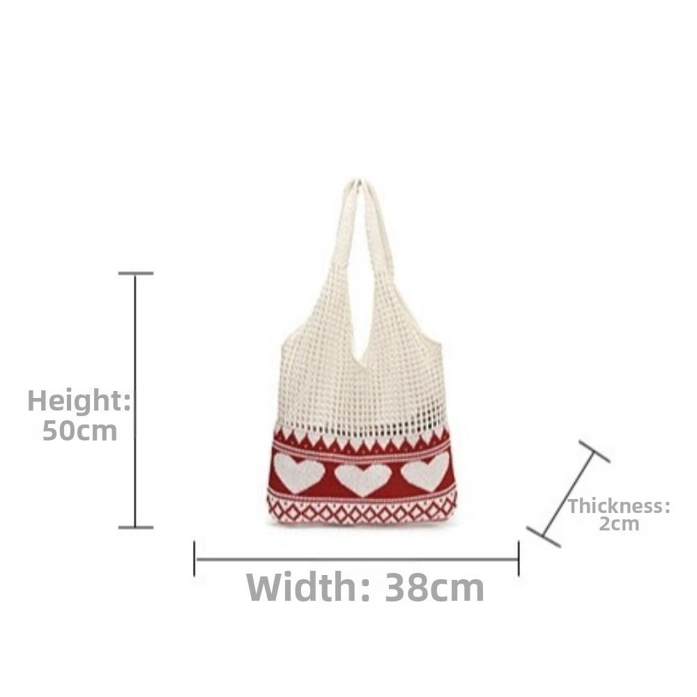 New Korean Style Shoulder Bags Knitted Material Cute Heart Pattern Beach Hangbag Large Capacity Shopping Bags Casual Outing