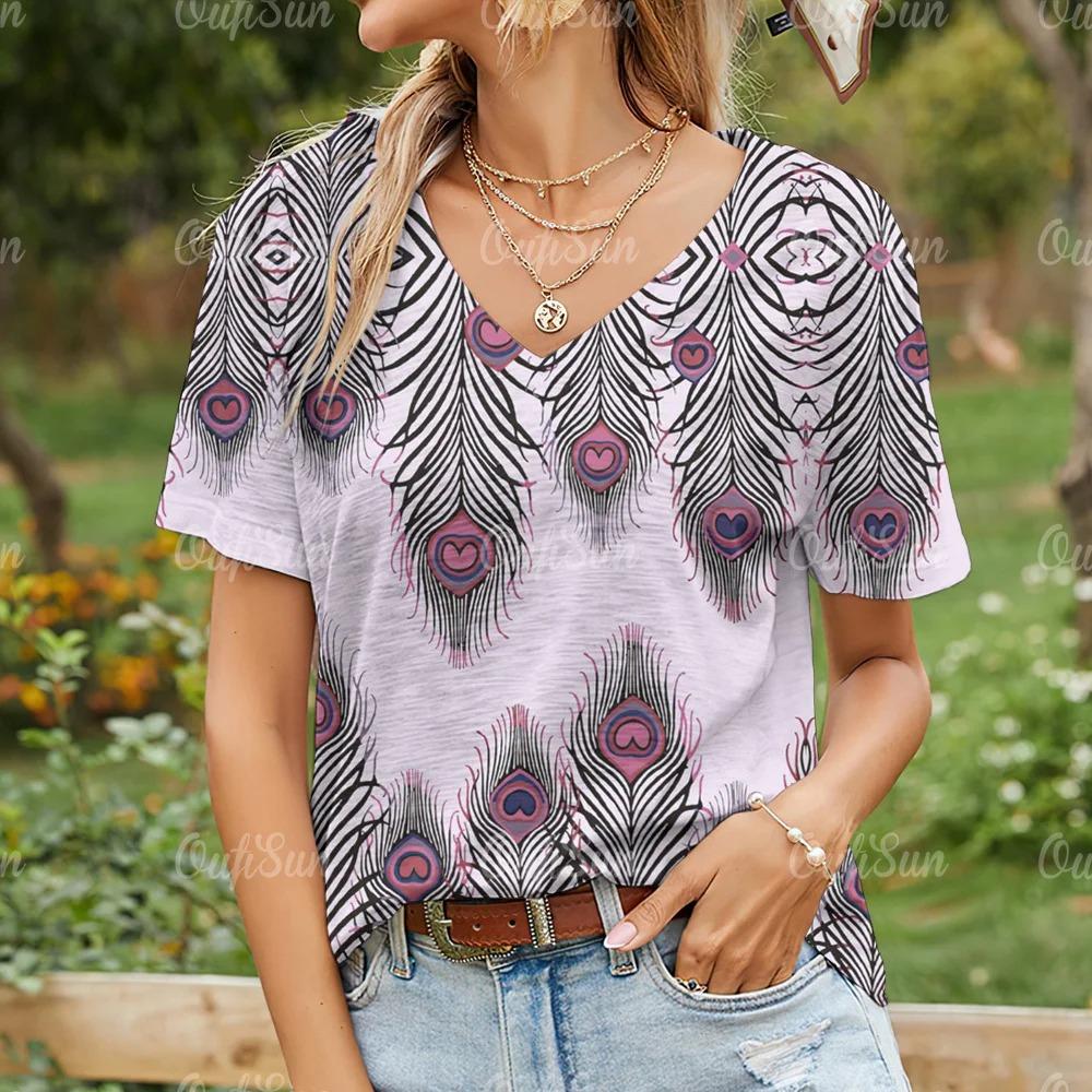 Women's T-shirt Summer V-neck Short-sleeved Top Fashion Feather Pattern 3d Printing Casual Daily Women's Clothing