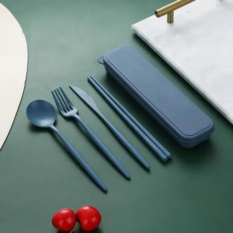 4-piece Wheat Straw Tableware Knives Forks Spoons Chopsticks New Portuguese Plastic Portable Tableware Set Dinnerware Set