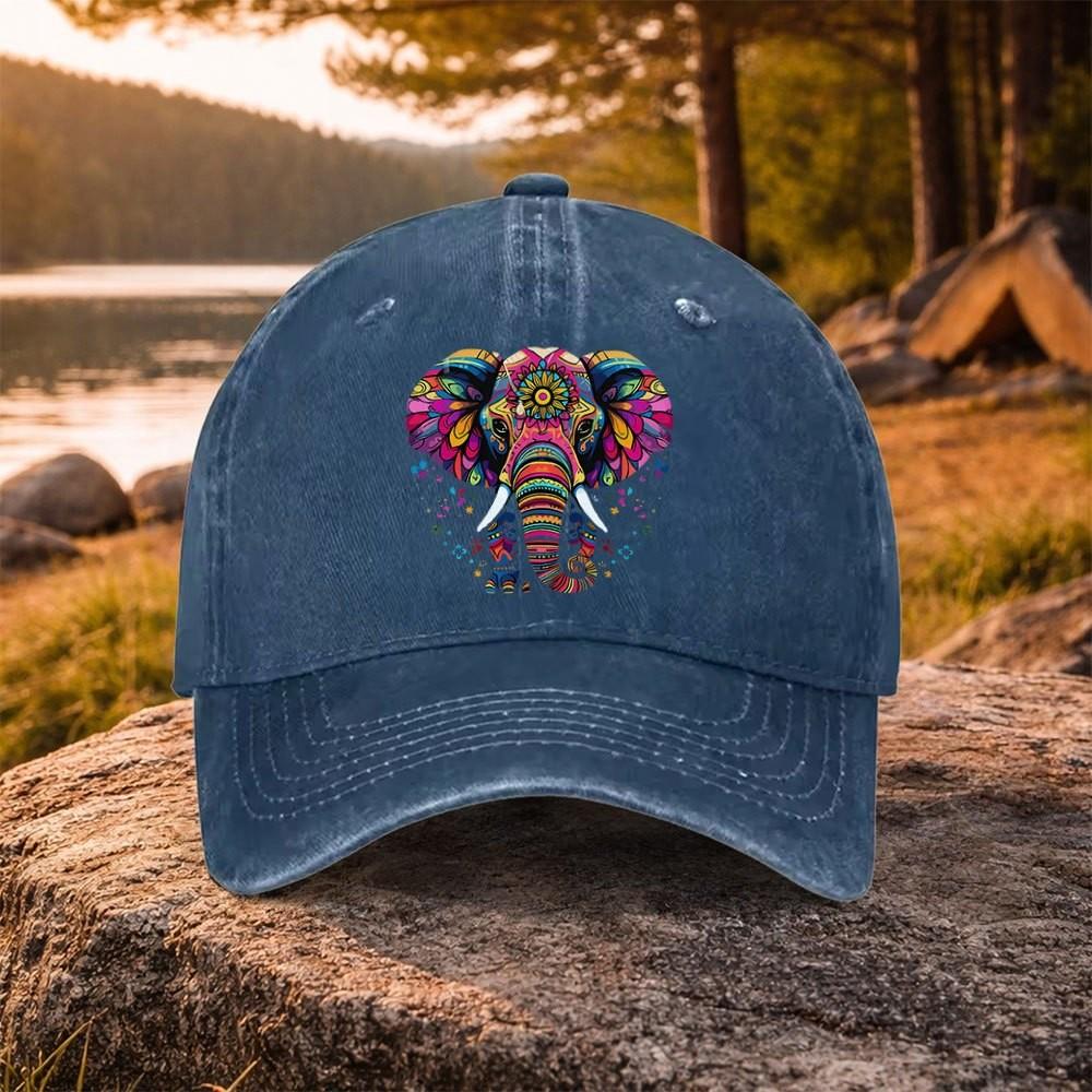 Mandala Elephant Graphic Washed Baseball Cap Adjustable Cotton Outdoor Casual Unisex Hat