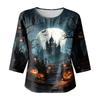Women Casual Halloween Printed Round Neck Three Quarter Sleeve Linen Blend Top Lightweight Comfortable Autumn Blouse