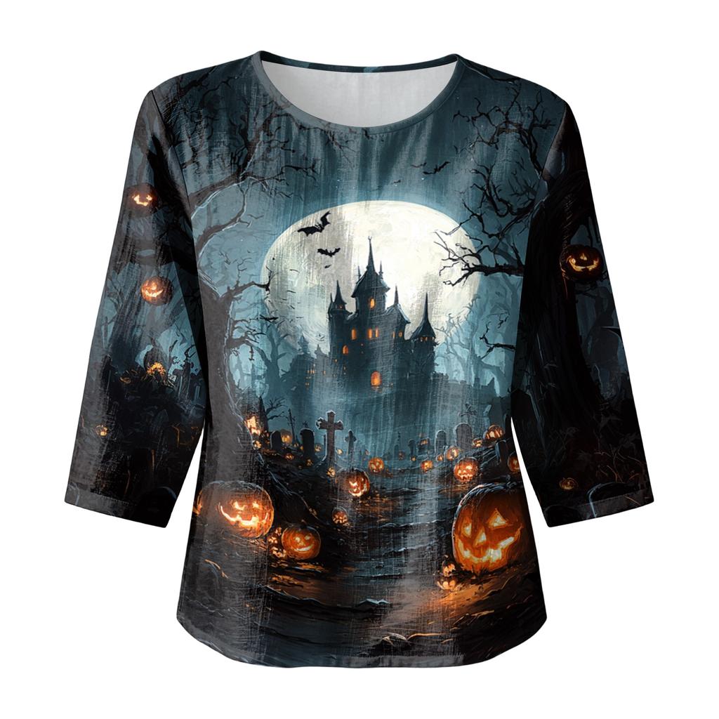 Women Casual Halloween Printed Round Neck Three Quarter Sleeve Linen Blend Top Lightweight Comfortable Autumn Blouse