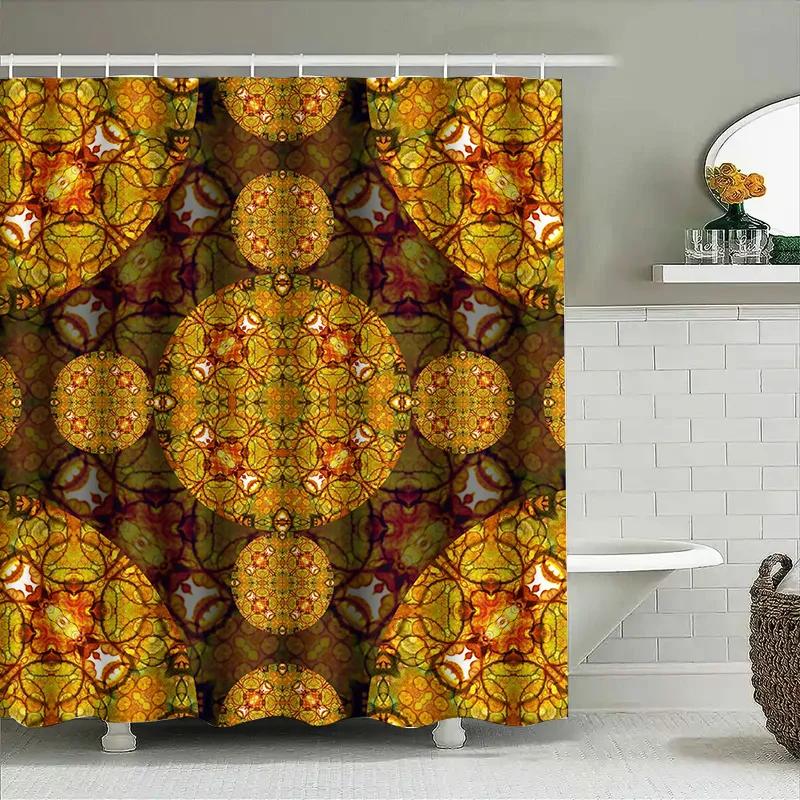 

Decorative Shower Curtain Gold Floral Pattern With Kaleidoscope Design For Bathroom Decor 3D Printed Bath Rug Mat Set (Yellow-Go W60H190(CM)-1 Pcs