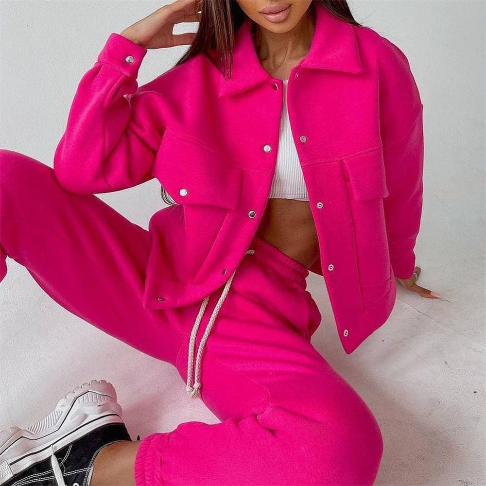 2024 European and American solid color women's single-breasted jacket top casual trousers women's suit jacket sweater pants two-piece set