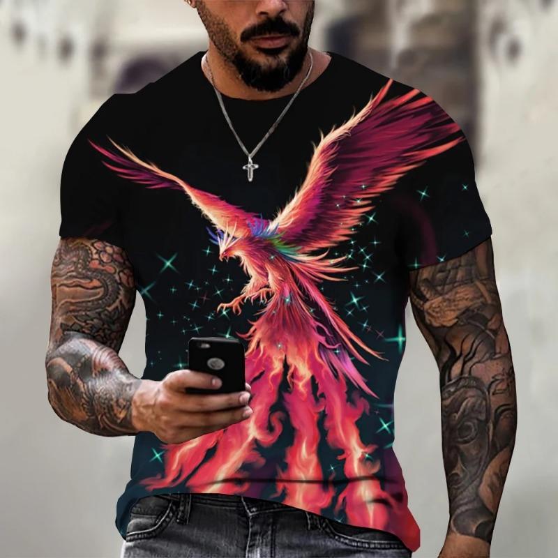 Neues Herren 3D-gedrucktes Phönix-Muster Mode-Top Übergröße Rundhals Kurzarm Retro-Mode Freizeit-T-Shirt