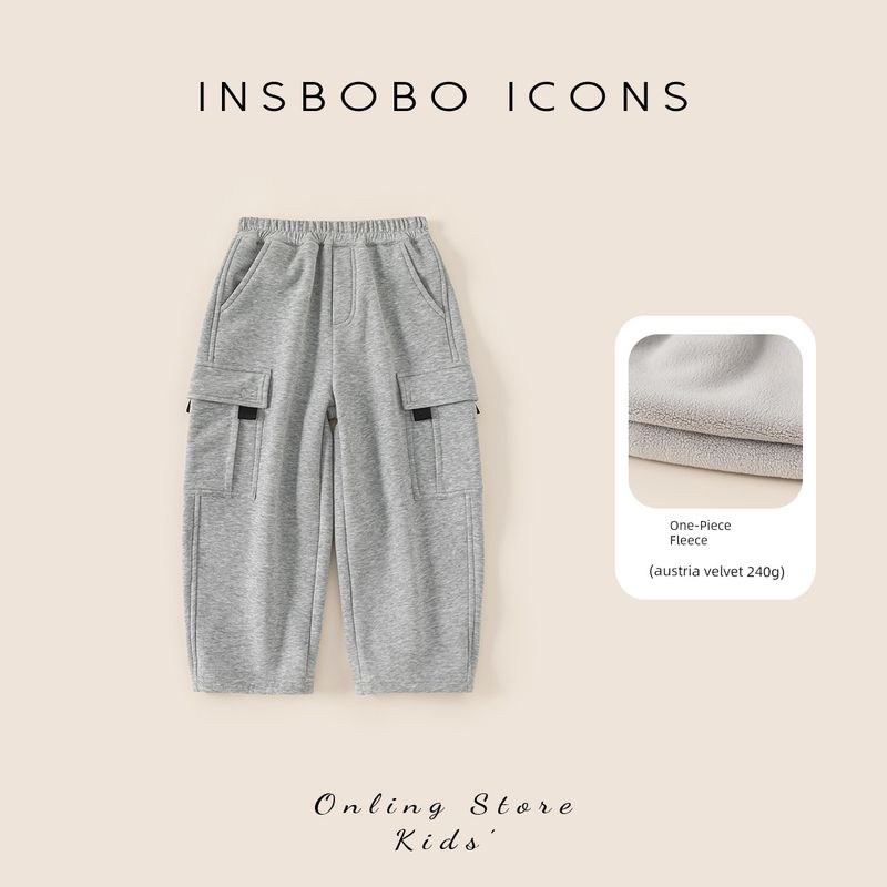 Insbobo Boys  Pants Children s Fleece-Lined Trousers 2025 Winter New Children s Clothing Boys  Fleece-Lined Sweatpants Trendy Flower Gray 160