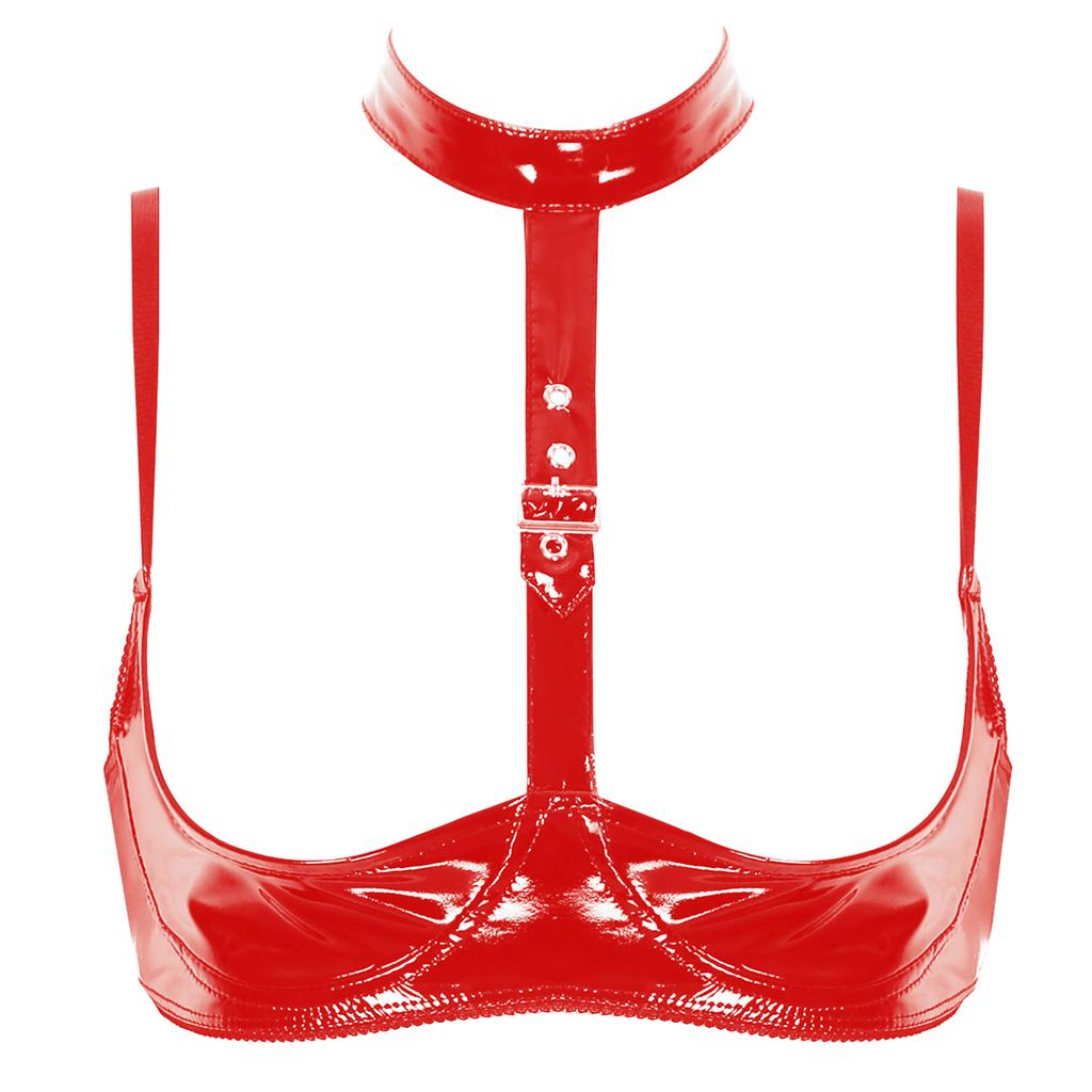 Dámské sexy podprsenky Spodní prádlo Mokrý vzhled Lakovaná kůže Spodní prádlo Bralette Halter Neck Polička Podprsenka Top