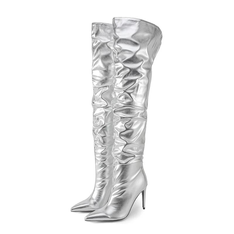 Fashion Sexy Solid Color Pleated Lazy Style Over The Knee Boots Autumn Winter Fashion Black Silver High-heel Women Long Boots Size 34-45