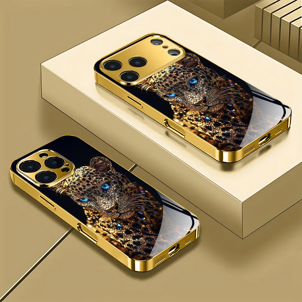 Diamant-inlaid Leopardenmuster Glas-Handyhülle geeignet für iPhone 17 16 15 14 13 12 11Pro/Max/Plus stoßfeste Rückseite
