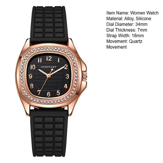 Yousheng Women Casual Watch Rhinestone Square Dial Silicone Strap Quartz Movement Elegant Ladies Girls Dress Wristwatch Fashion Jewelry Birthday Gift