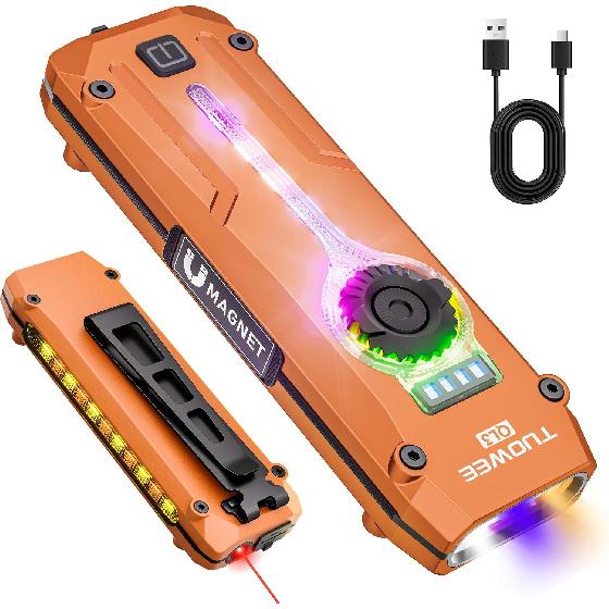 UV Flat EDC Flashlight Rechargeable 1800 High Lumens Pocket Light with RGB,Magnetic Base Small Flashlights with Dual Switch,Stepless Dimming,USB-C
