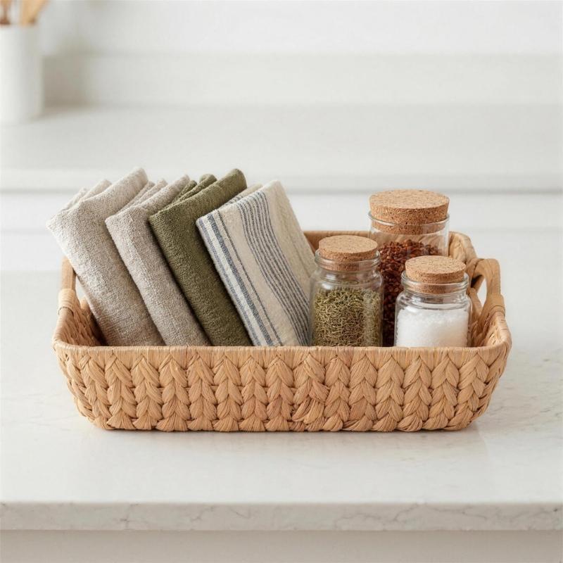 Sturdy Water Hyacinth Woven Basket with Wooden Handle Multipurpose Storage Solution For Toy Books And Blankets B03E