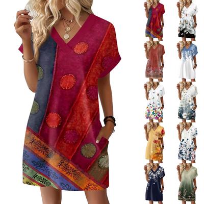 Women's Fashionable Floral Print V-neck Short Sleeved Pocket Casual Pullover Dress