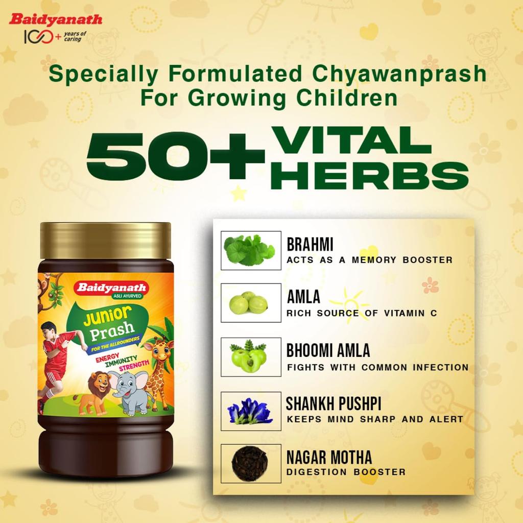 Baidyanath Junior Prash For Kids 500g | Herbal Chyawanprash With Vitamins & Calcium | Supports Immunity, Concentration & Healthy Growth For Children
