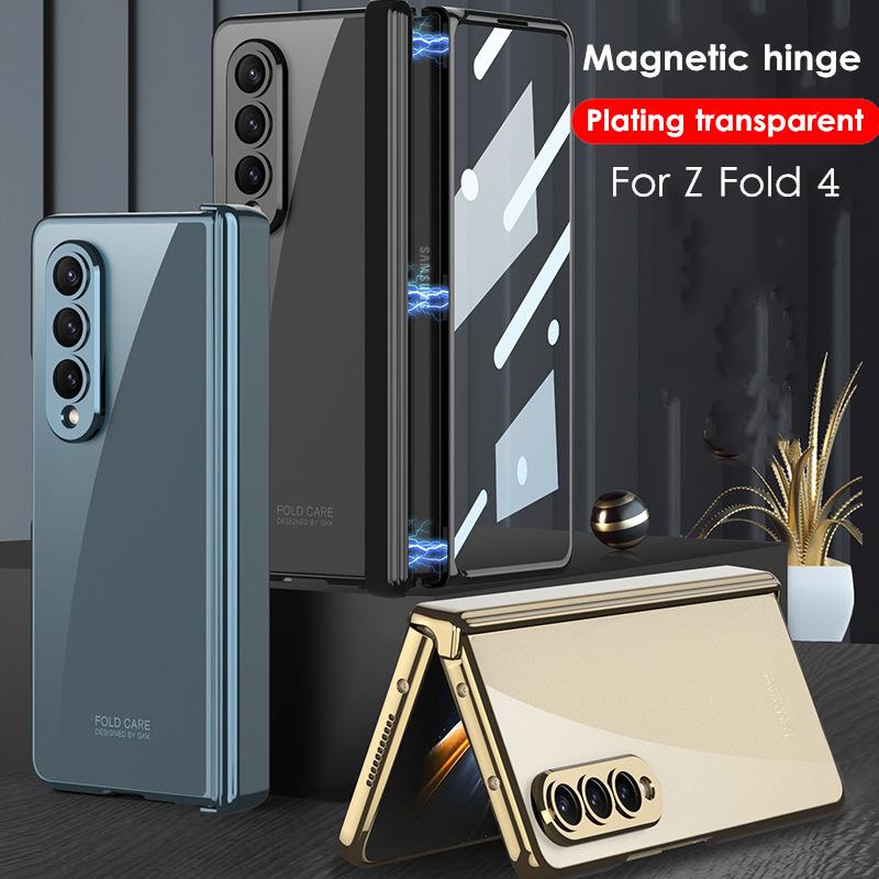 Plating Transparent Magnet Case For Samsung Galaxy Fold4 Z Fold 4 Cover Magnetic Hinge Front Film Phone Cover Hard Plastic Capa