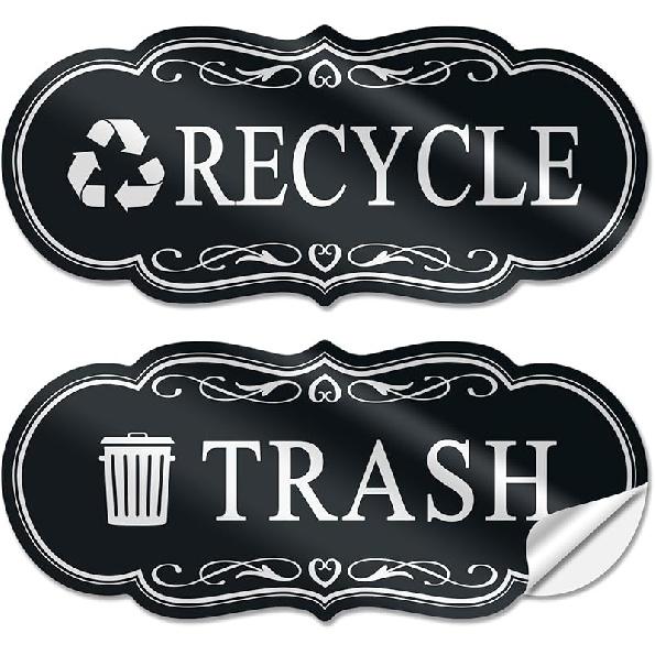 Trash & Recycle Stickers – 2-Pack Self-Adhesive Vinyl Labels, Waterproof & Durable (Transparent Background with Black Text, Medium 6.3 x 2.7