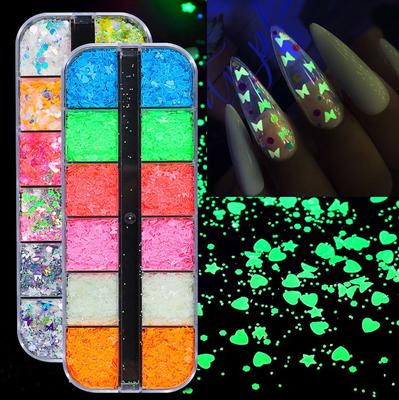 12 Grid Boxed Nail Art Luminous Sequins Laser Illusion Butterfly Heart-Shaped Stars Moon DIY Nail Art Decorative Sequins
