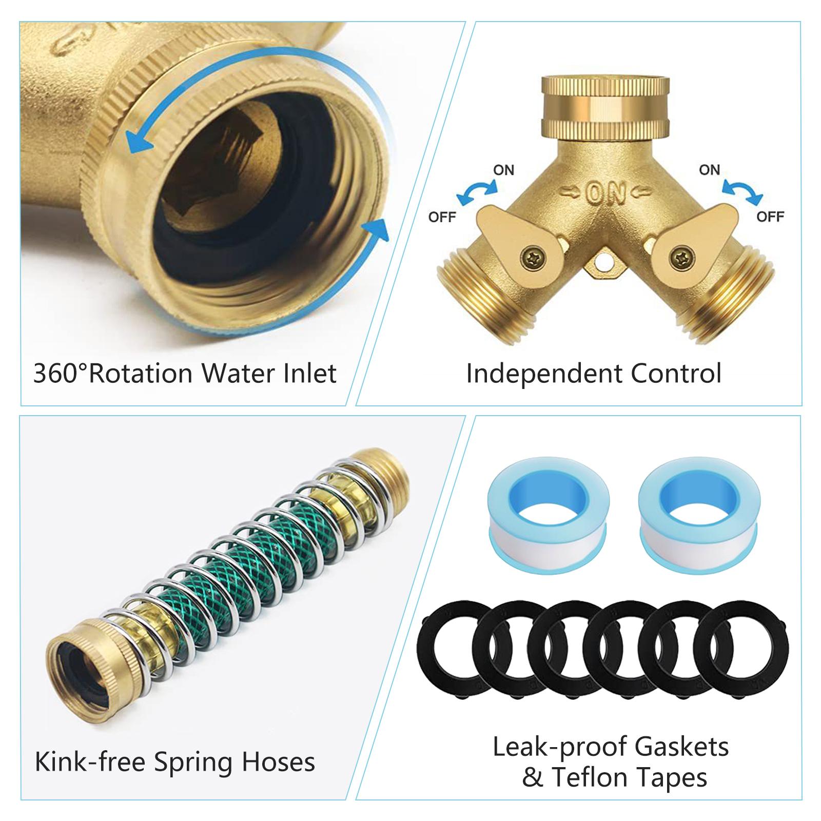

2 Way Garden Hose Splitter 3Celsius4 Inch Y Connector with Independent On Off Valves Kink Spring Design Brass Construction for Yard Farm Ou