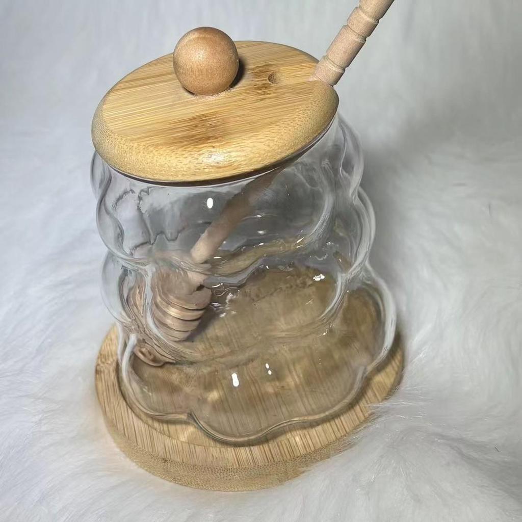 High Borosilicate Glass Honey Jar with Lid and Stirrer - Kitchen Storage Jar