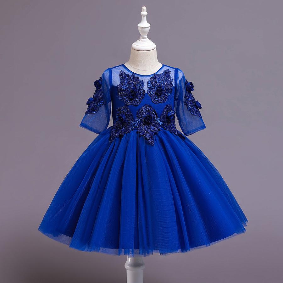 

Autumn Kids Dress Short Sleeve Girls Performance Dress Flower Edge Girls Dress Princess Dress Kids Dress 150cm темно-синього кольору