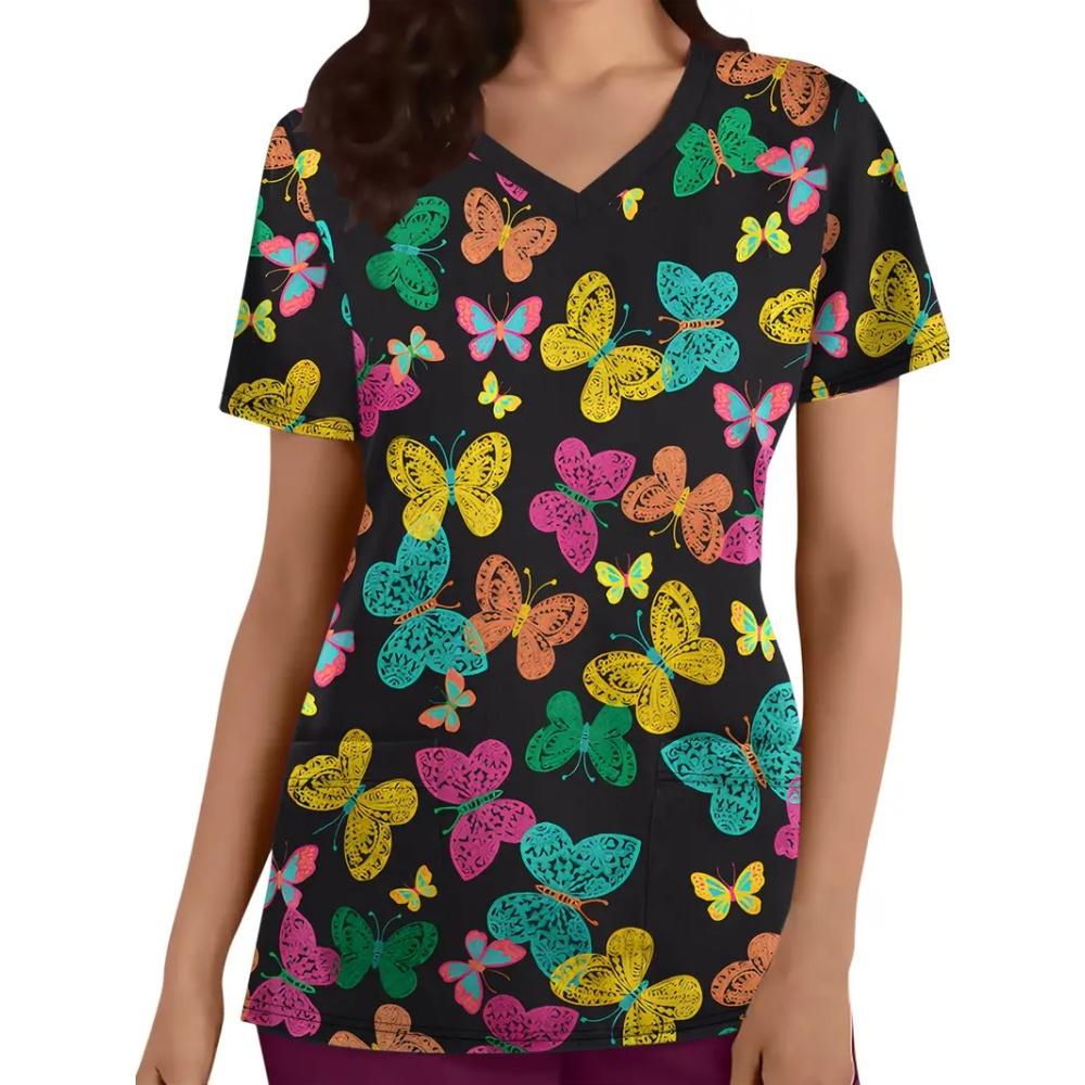 Fashion Butterfly Print Surgical Uniforms Woman Microelastic V-Neck with Pockets Clinical Uniform Short Sleeve Medical Clothes