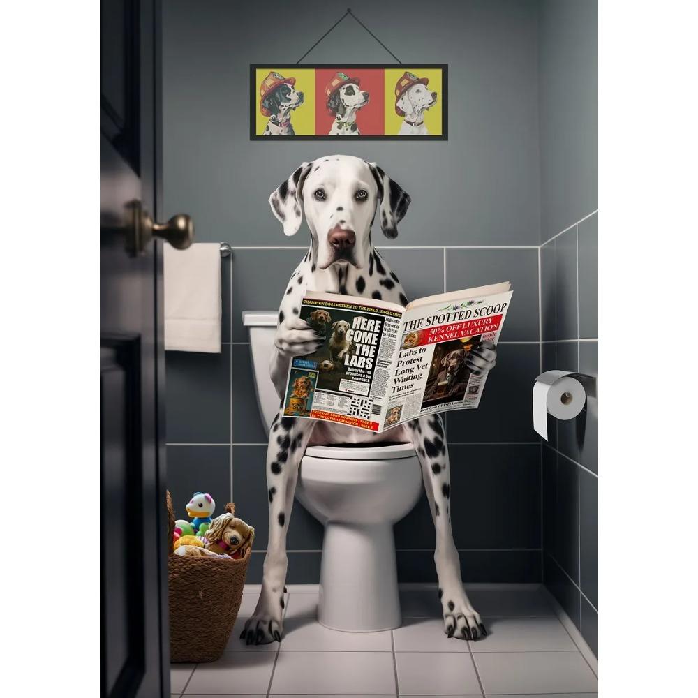 Funny Bathroom Poster Dog Reading Newspaper On Toilet Prints Pet Owner Gift Canvas Painting Wall Art Picture Home Bathroom Decor
