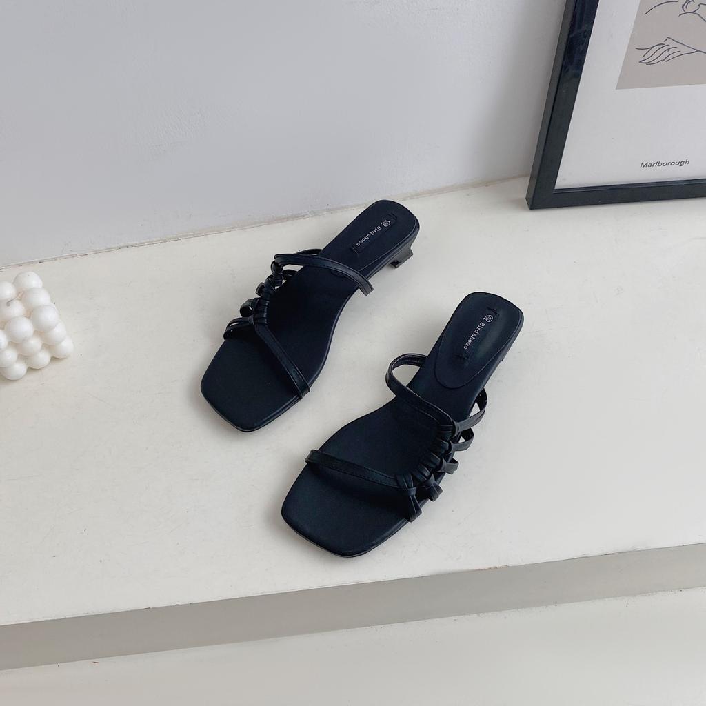 Fashion Women Black White Yellow Square Heels Slides Women Rope Lattice Peep Toe Women Outside Sippers Shoes Mujer Elegant Shoes 35-39