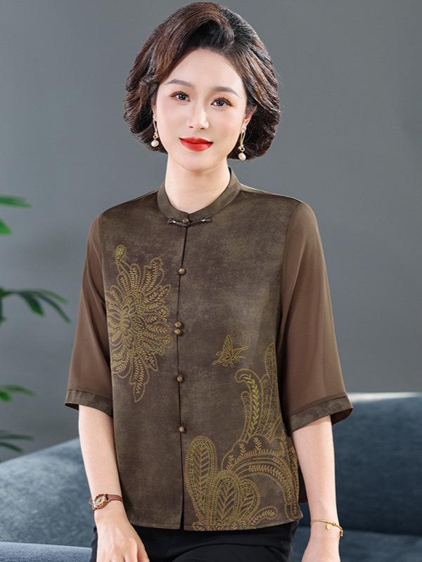 Spring/Summer Medium-Sleeve Shirt for Middle-Aged/Elderly Women - Stylish Cardigan Top