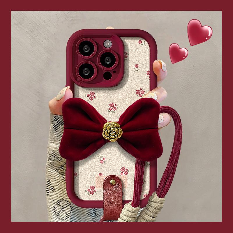 Camellia Bow Tie Is Suitable for Apple 16PRO Phone Case 15, Floral Lambskin 14, Silicone Anti-drop 7/8