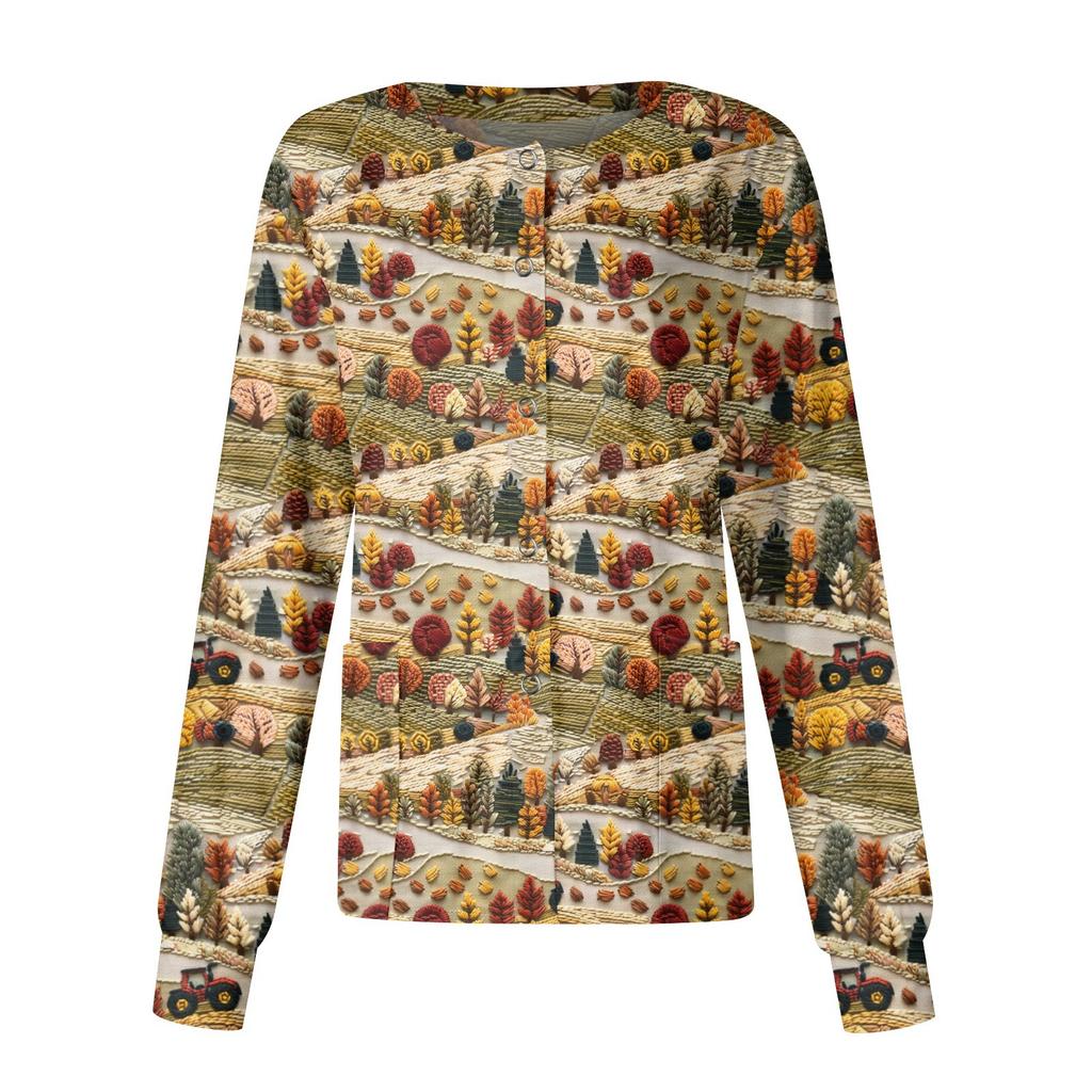 Women Long Sleeve Pattern Pocket Working Stand-up Collar Single-breasted Protective Overalls Cardigan Jacket Top