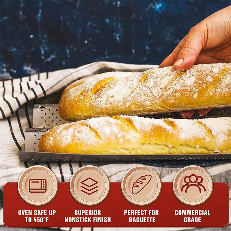 LMETJMA Nonstick Perforated French Bread Baking Pan Carbon Steel  Baguette Pan French Bread 4 Wave Loaves Loaf Bake Mold JT158