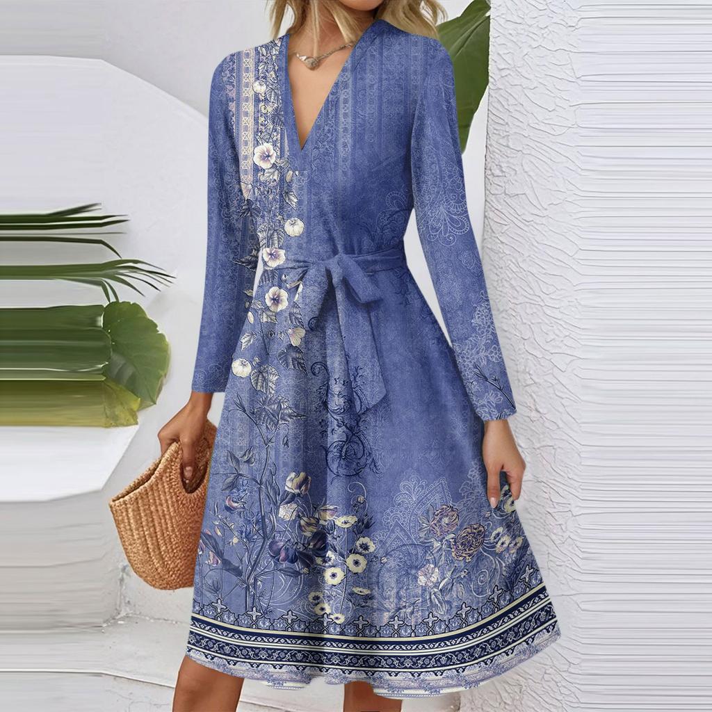 Women's Fashion Casual V-Neck Long Sleeve Waist Retro Printed Midi Dress