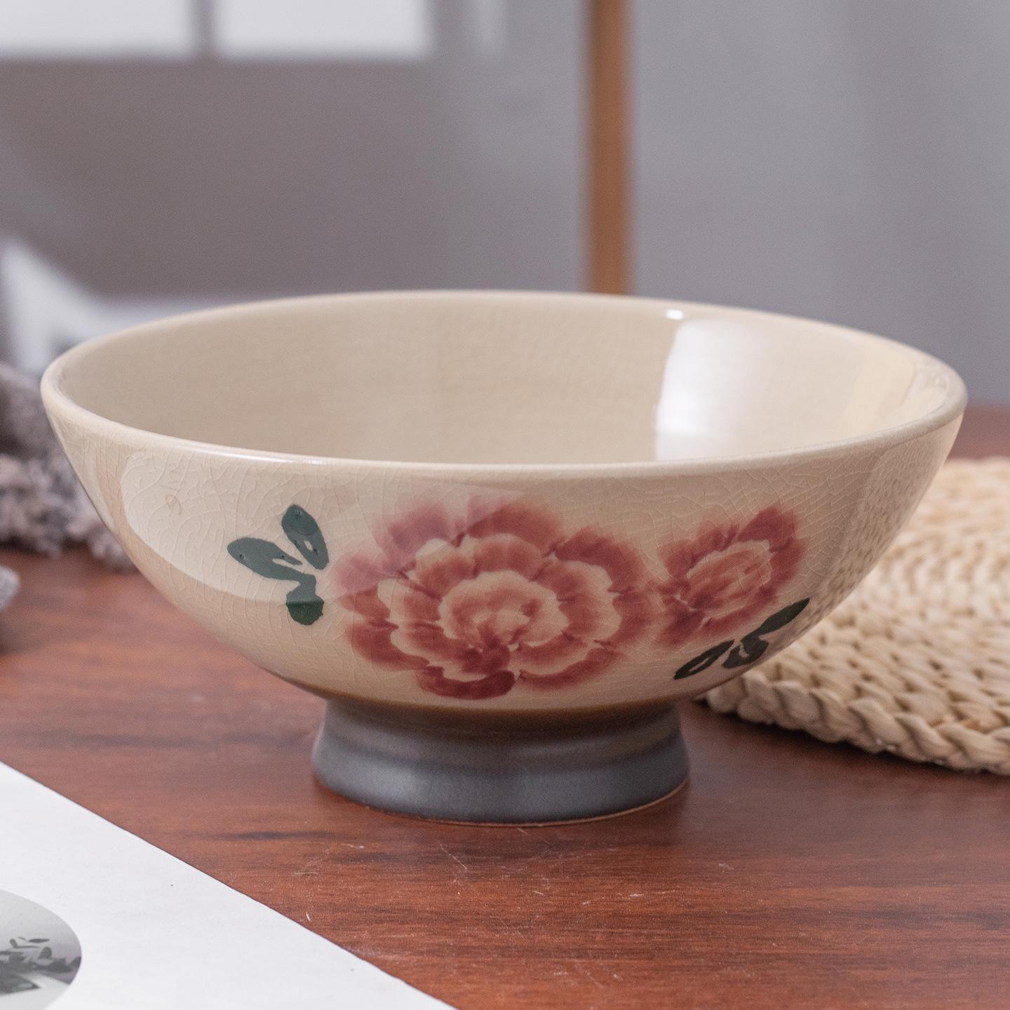 Retro Hand-Painted Floral Ceramic Noodle Bowl - Large Chinese Style Soup/Rice Bowl with Underglaze Color 6-inch High-footed Bowl