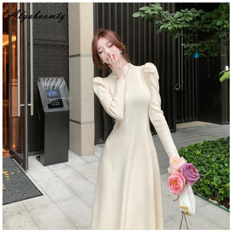 Francuski styl jesienno-zimowa damska sweter Midi sukienka pół kołnierzyk czarna szara morelowa kawa sukienka dziergana elegancka kobieca sukienka z dzianiny