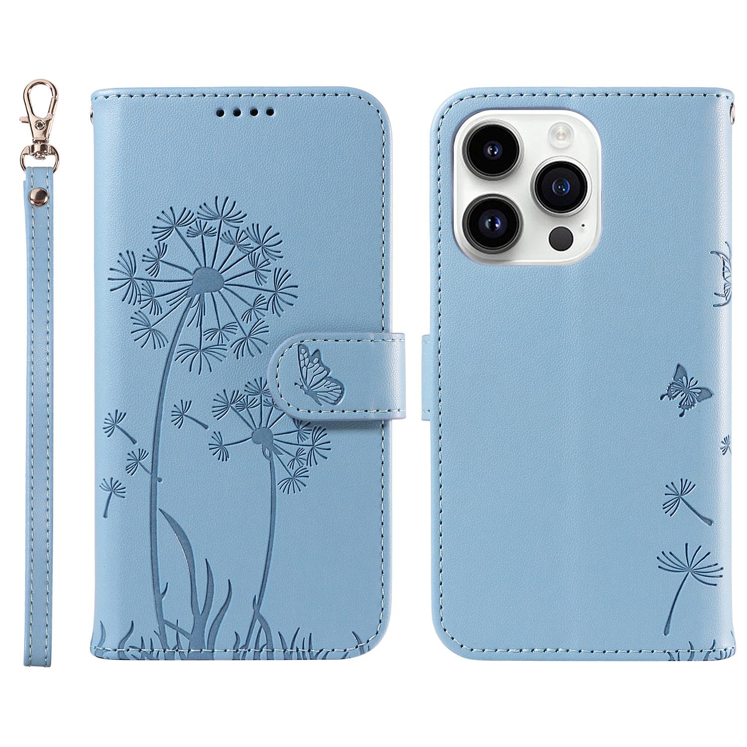 

For iPhone 14 Pro Max Leather Case Wallet Phone Cover Dandelion Imprint Sky Blue