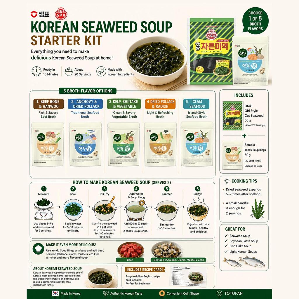 Korean Seaweed Soup Starter Kit | Otoki Old Style Cut Seaweed 50g + Sempio Yondu Soup Rings 80g (20 Rings) | Choose 1 of 5 Broth Flavors