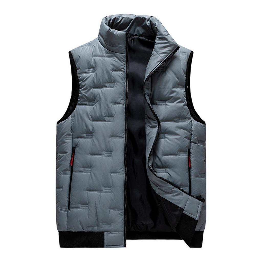 Men's Casual Solid Color Embossed Down Cotton Vest, Men's Thickened Loose Stand-up Collar Zip-up Coat