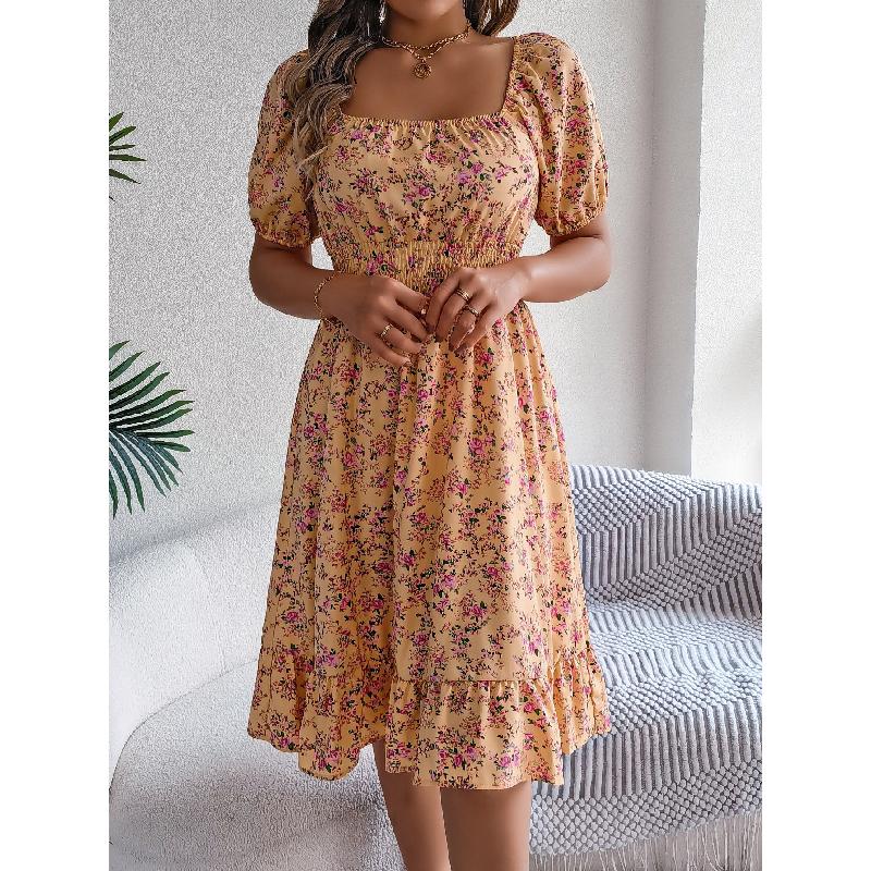 2026 Spring/Summer New Floral Print Square Neck Short Sleeve Waist-Cinching Ruffle Hem Women's A-Line Dress