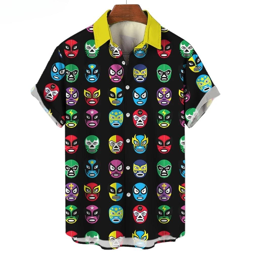 Camisa de Hombre con Estampado de Máscara 3D Verano Lucha Libre Camisa de Manga Corta Casual Camisa Hawaiana para Hombre Ropa Holgada Lucha Libre Mexicana