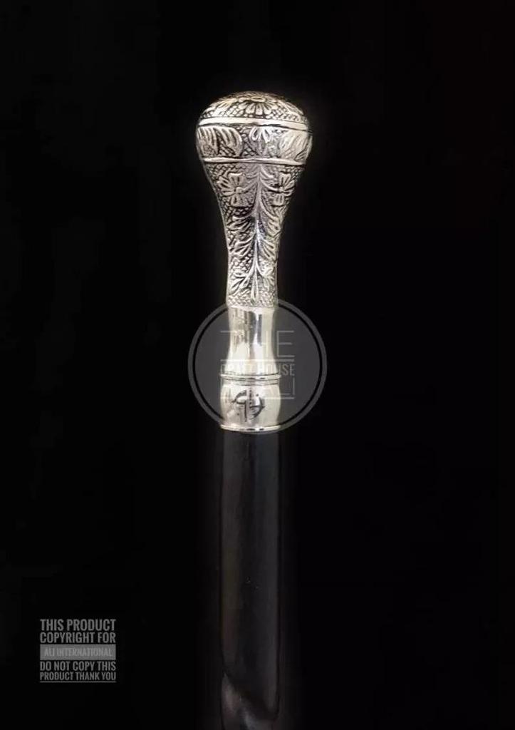 Handmade Vintage Solid Silver Brass Handle Antique Victorian Cane Wooden Walking