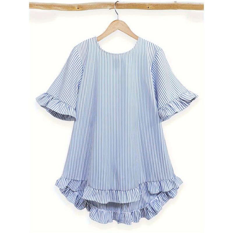 European American Fashion Striped Back Button Ruffled Short Sleeve Round Neck Blouse S синий