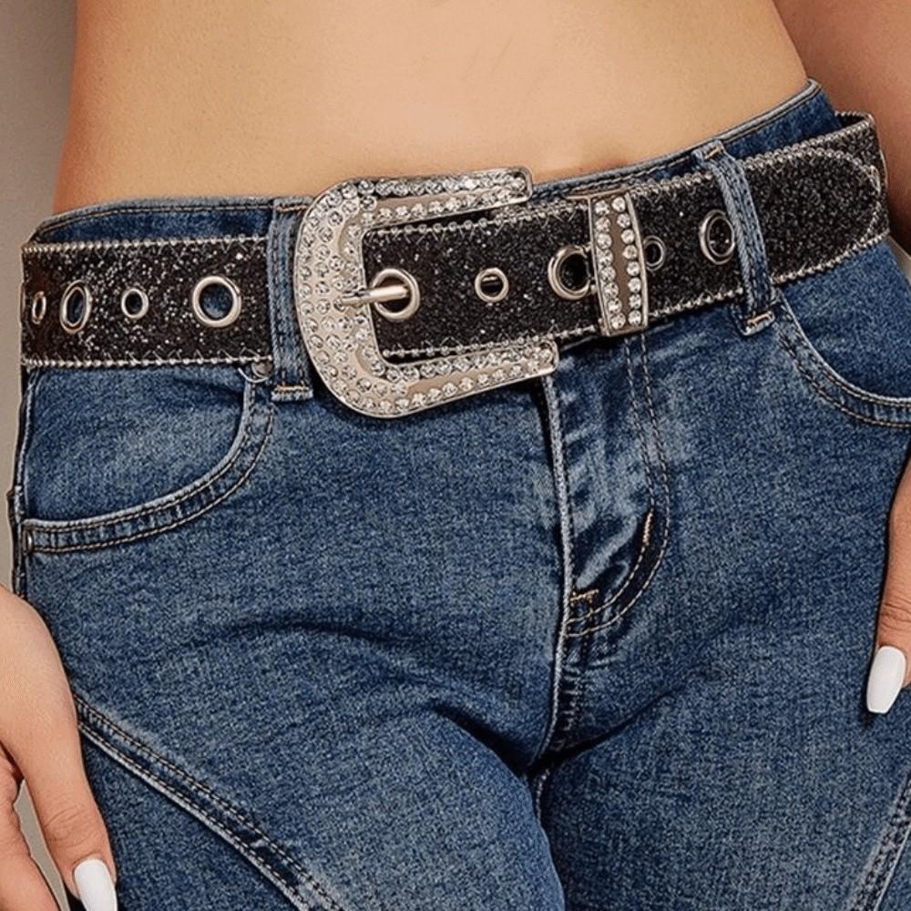 Y2K Rhinestone Waistband Solid Color Women PU Belt Fashion Shiny Wide Belt  Men