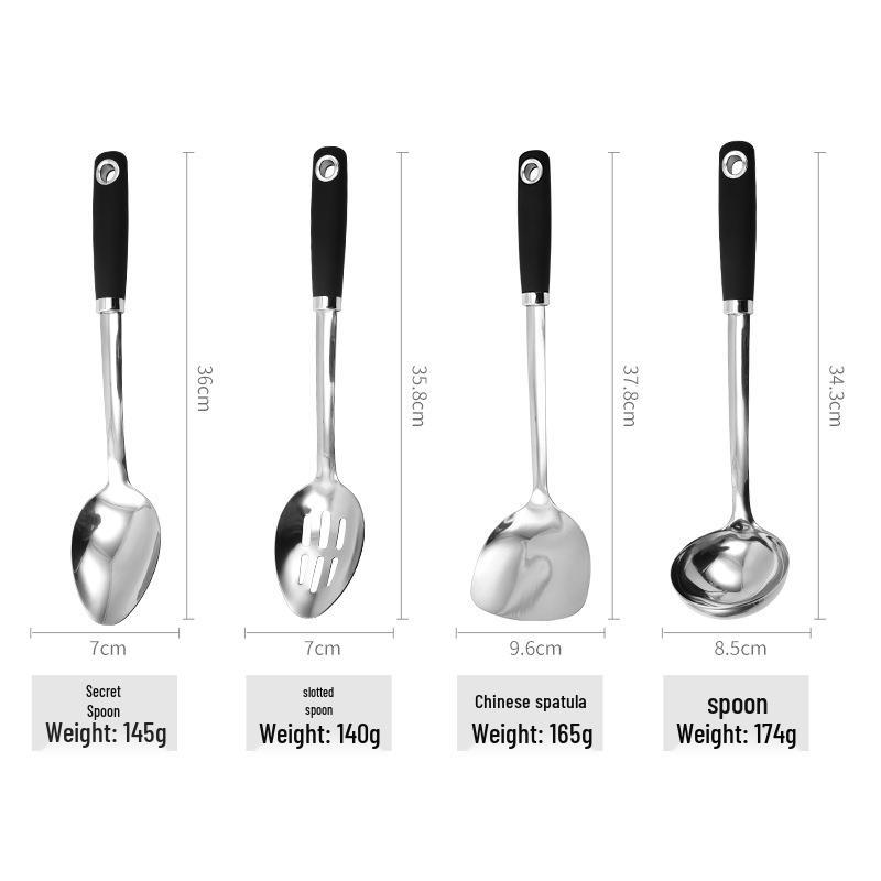 Sada kuchyňského náčiní z nerezové oceli: Stěrka, Lžíce, Lopatka a Mačkadlo na brambory