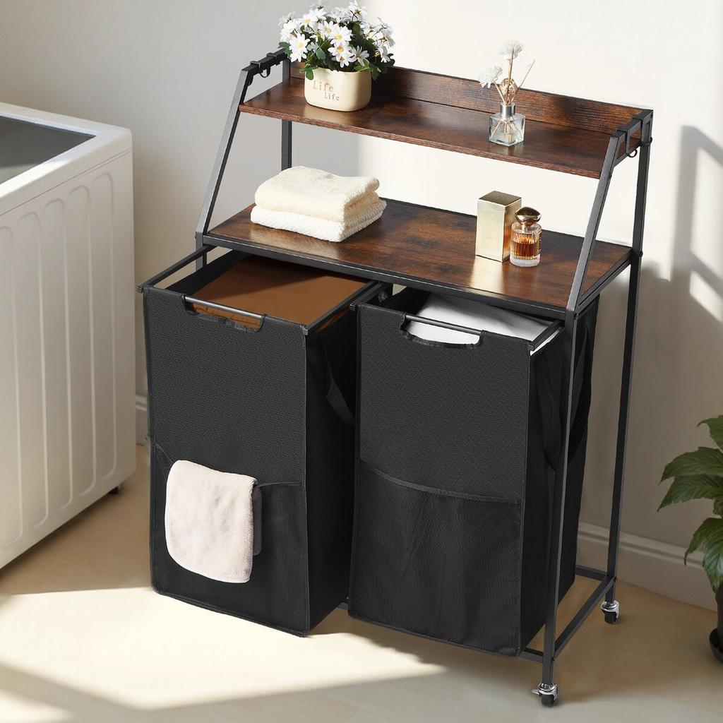 2 Tiers Laundry Sorter Tall Laundry Hamper with Wheels and Hooks 2 Section